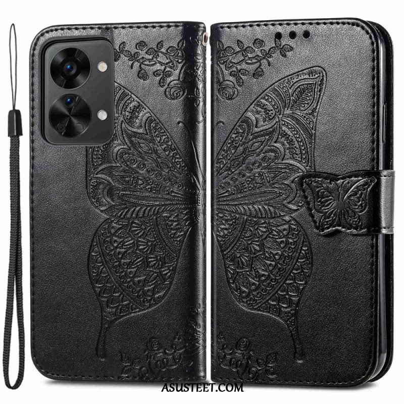 Flip Case OnePlus Nord 2T 5G Suojaketju Kuori Butterfly Lanyard -korttikotelo