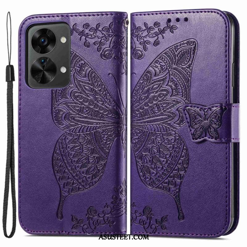 Flip Case OnePlus Nord 2T 5G Suojaketju Kuori Butterfly Lanyard -korttikotelo