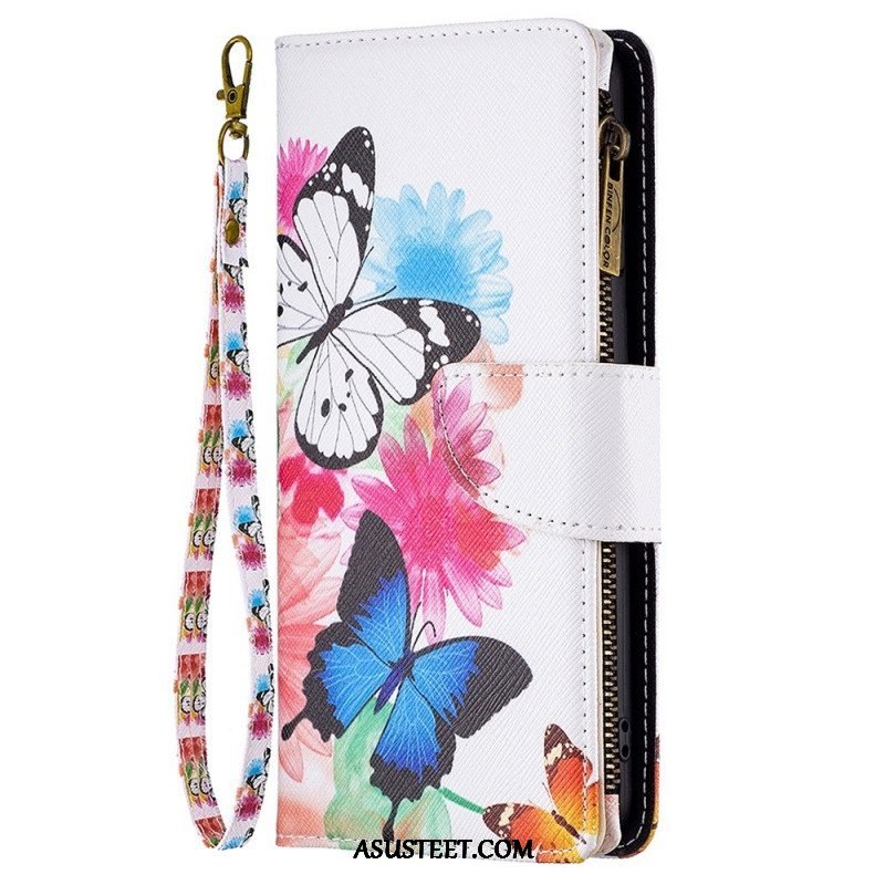 Flip Case Samsung Galaxy M23 5G Butterflies Kolikkolaukku Ja Kaulanauha