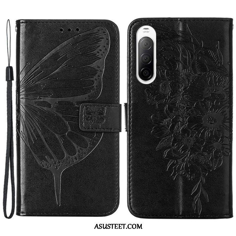 Flip Case Sony Xperia 10 IV Perhonen Kaulanauhalla