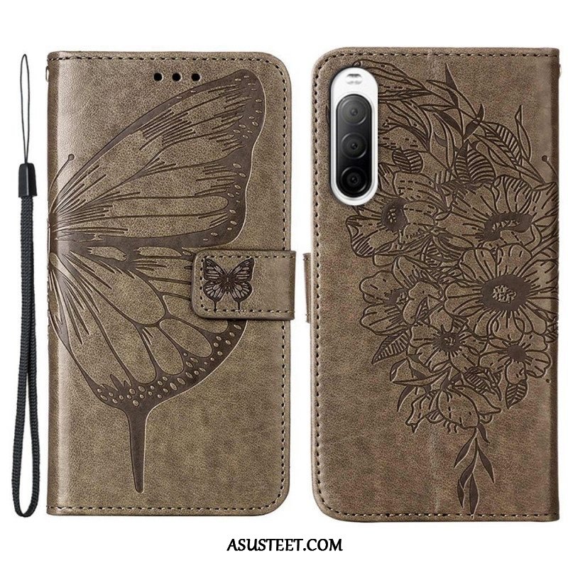 Flip Case Sony Xperia 10 IV Perhonen Kaulanauhalla