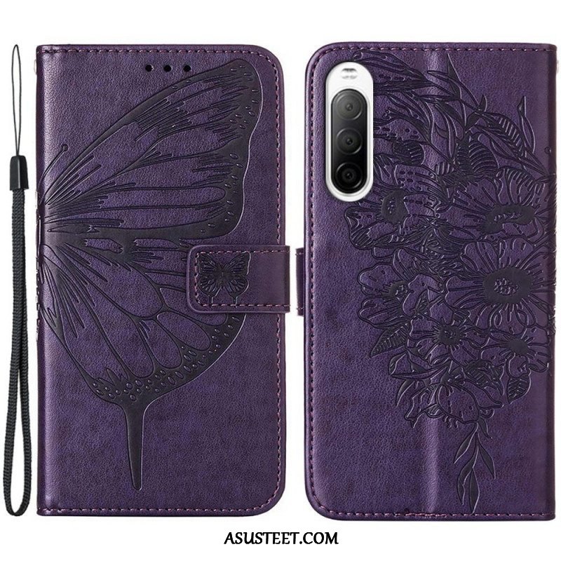 Flip Case Sony Xperia 10 IV Perhonen Kaulanauhalla