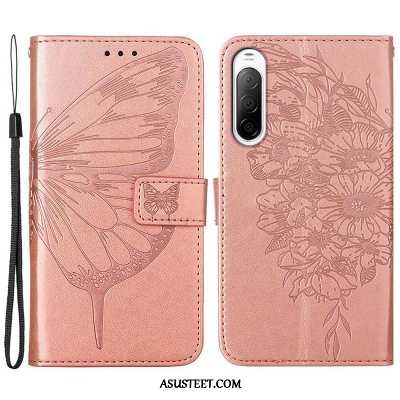 Flip Case Sony Xperia 10 IV Perhonen Kaulanauhalla