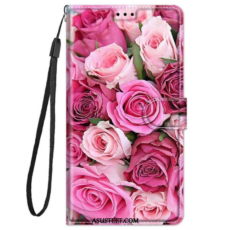 Flip Case Xiaomi Redmi Note 11 Pro Plus 5G Ruusuja Kaulanauhalla