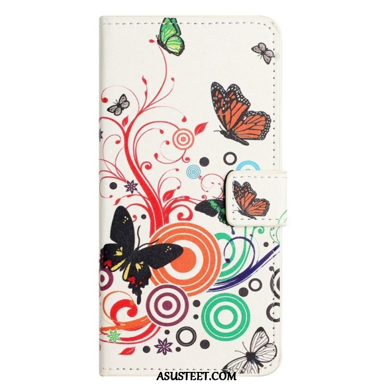 Flip Case iPhone 14 Pro Mustavalkoisia Perhosia