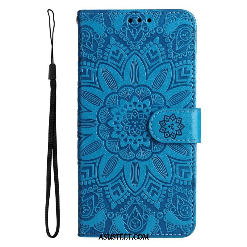 Nahkakotelo Samsung Galaxy S23 5G Mandala-aurinko Kaulanauhalla