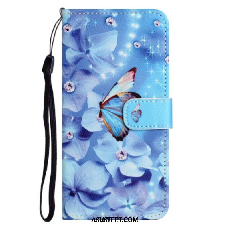 Flip Case Samsung Galaxy S23 5G Suojaketju Kuori Strappy Diamond Perhoset