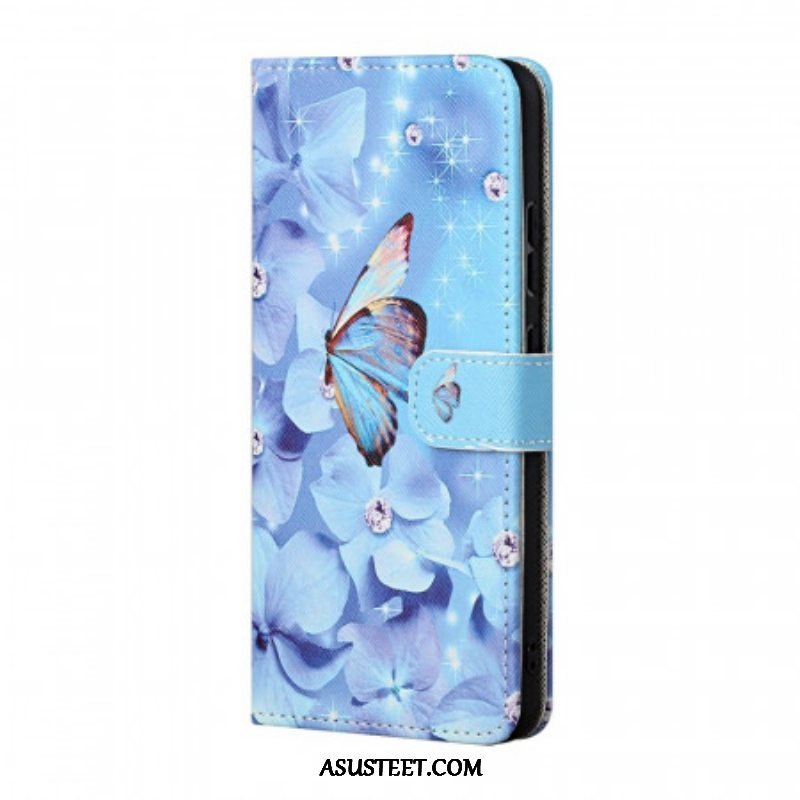 Kotelot Samsung Galaxy A13 5G / A04s Suojaketju Kuori Strappy Diamond Perhoset