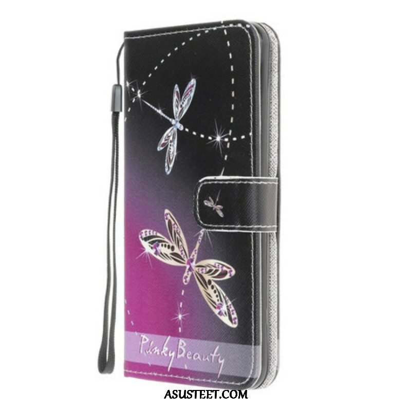 Nahkakotelo Samsung Galaxy A42 5G Suojaketju Kuori Strappy Dragonflies