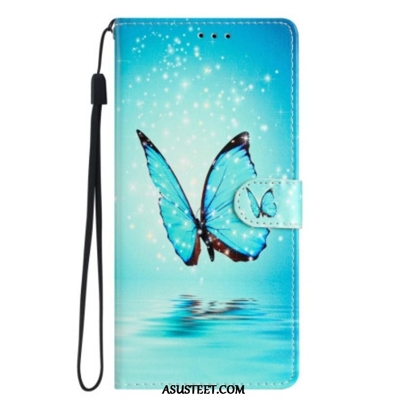 Nahkakotelo Samsung Galaxy A53 5G Suojaketju Kuori Siniset Perhoset Hihnalla