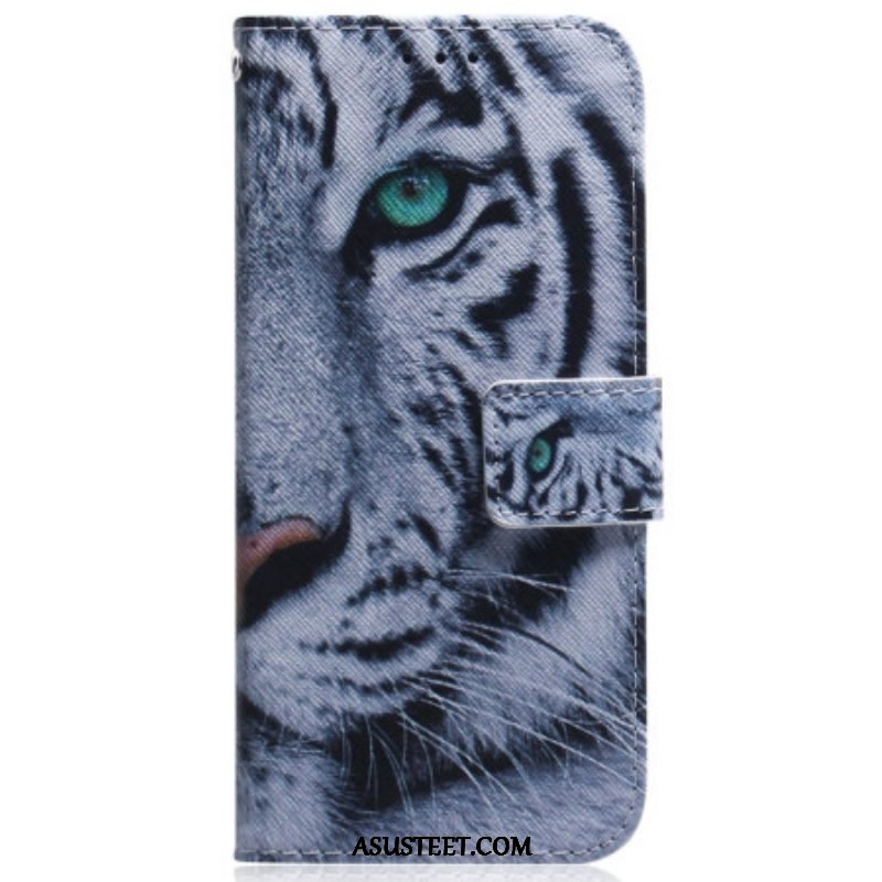 Nahkakotelo Samsung Galaxy A54 5G Suojaketju Kuori Strappy White Tiger